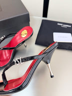 YSL Metal Heel 75mm with Side Rhinestone Buckle Logo Black in Cowhide 784723