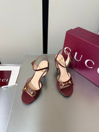 GG Buckle Stiletto Round Toe Heel Height 85mm Burgundy in Calfskin 784469