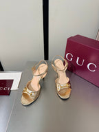 GG Buckle Stiletto Round Toe Heel Height 85mm Gold in Calfskin 784468