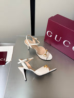 GG Buckle Stiletto Round Toe Heel Height 85mm White in Calfskin 784465