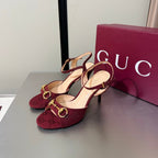 GG Buckle Stiletto Round Toe Heel Height 85mm Burgundy in Monogram 784462
