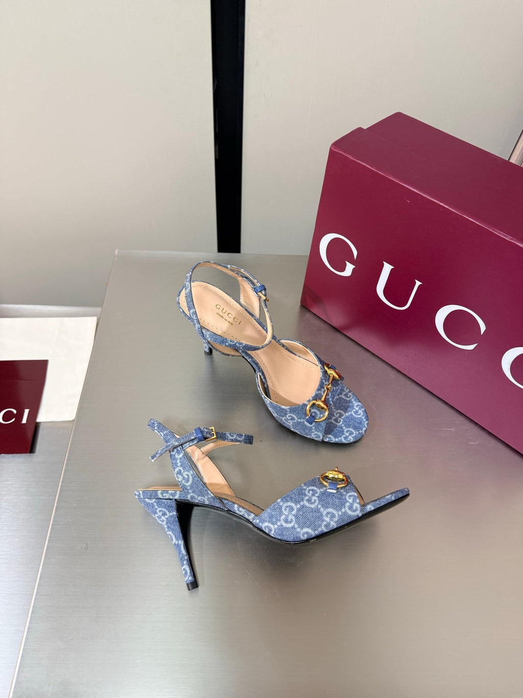 GG Buckle Stiletto Round Toe Heel Height 85mm Blue in Monogram 784461