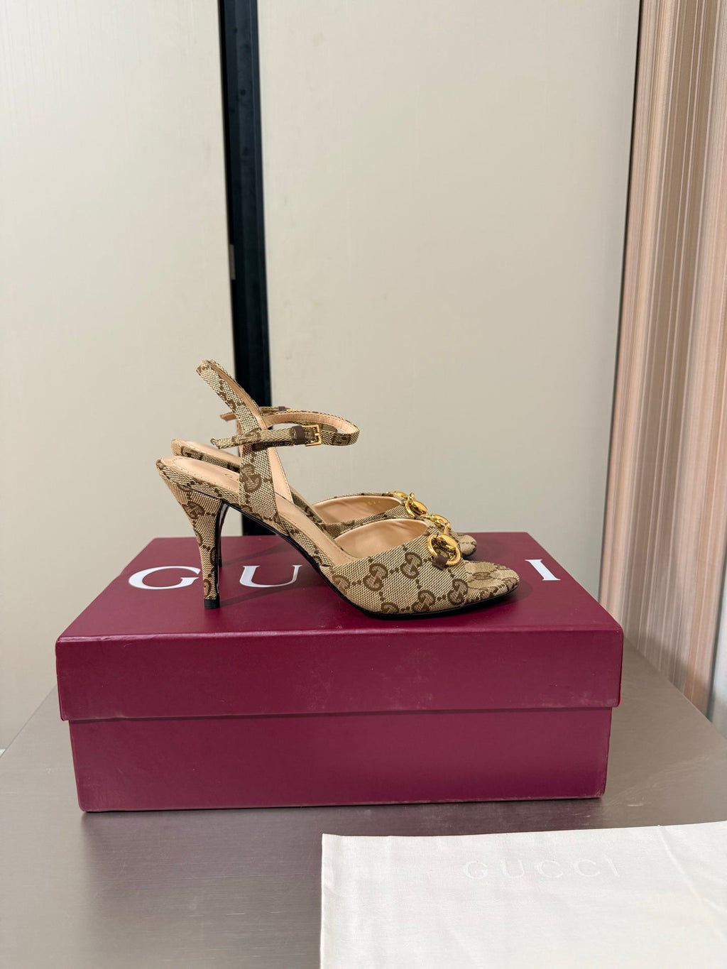 GG Buckle Stiletto Round Toe Heel Height 85mm Beige Brown in Monogram 784459