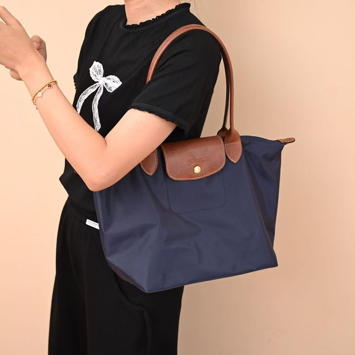 Longchamp Small Le Pliage Tote Bag Brown Navy Blue Polyamide Leather