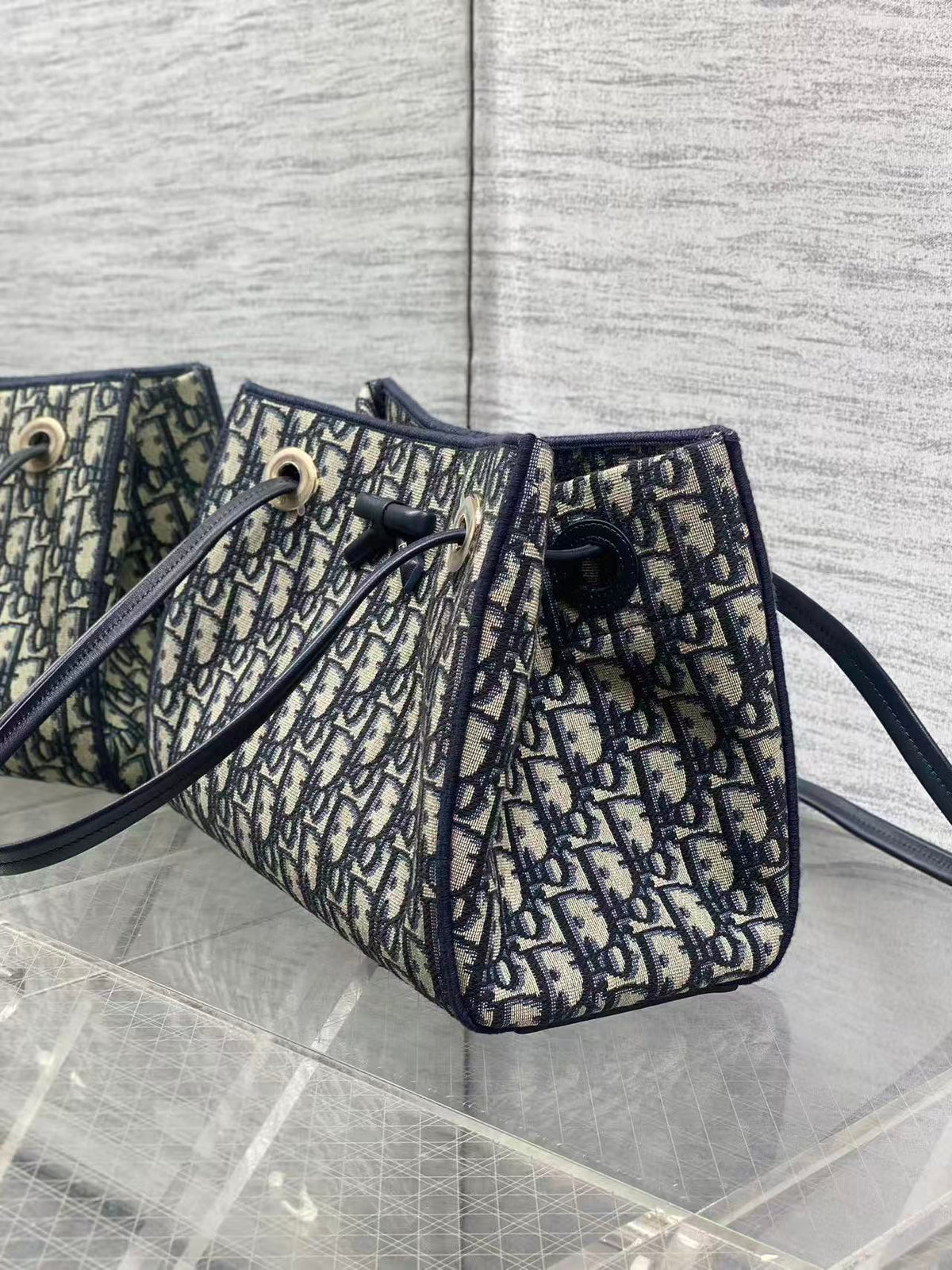 CD Medium Shopping Bag Blue Beige Oblique Jacquard Cotton Calfskin