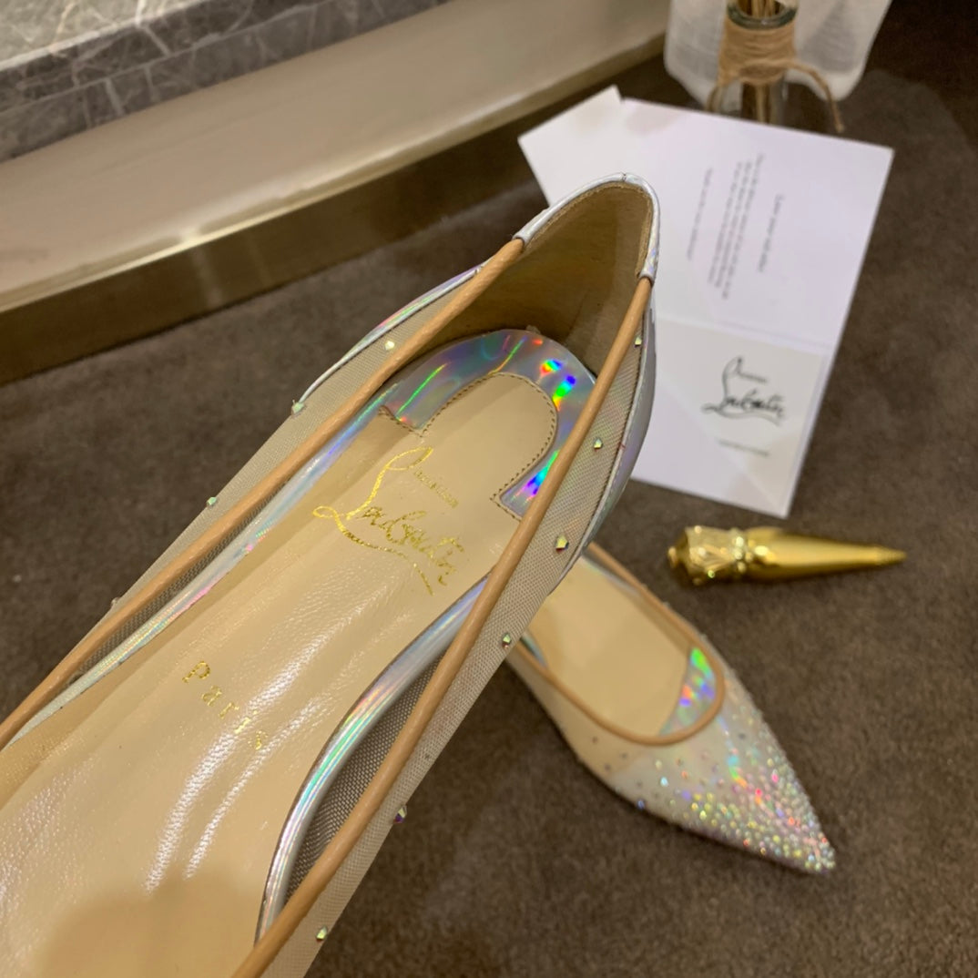 CL Follies Strass Flats Mesh and Patent Leather Silver