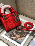 LADY 24 HANDBAG EMBOSSED DIAMOND IN CHERRY RED CALFSKIN
