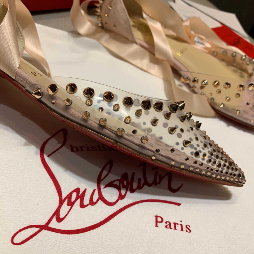CL Mechante Reine Flats Spike PVC and Veau Velours Pink
