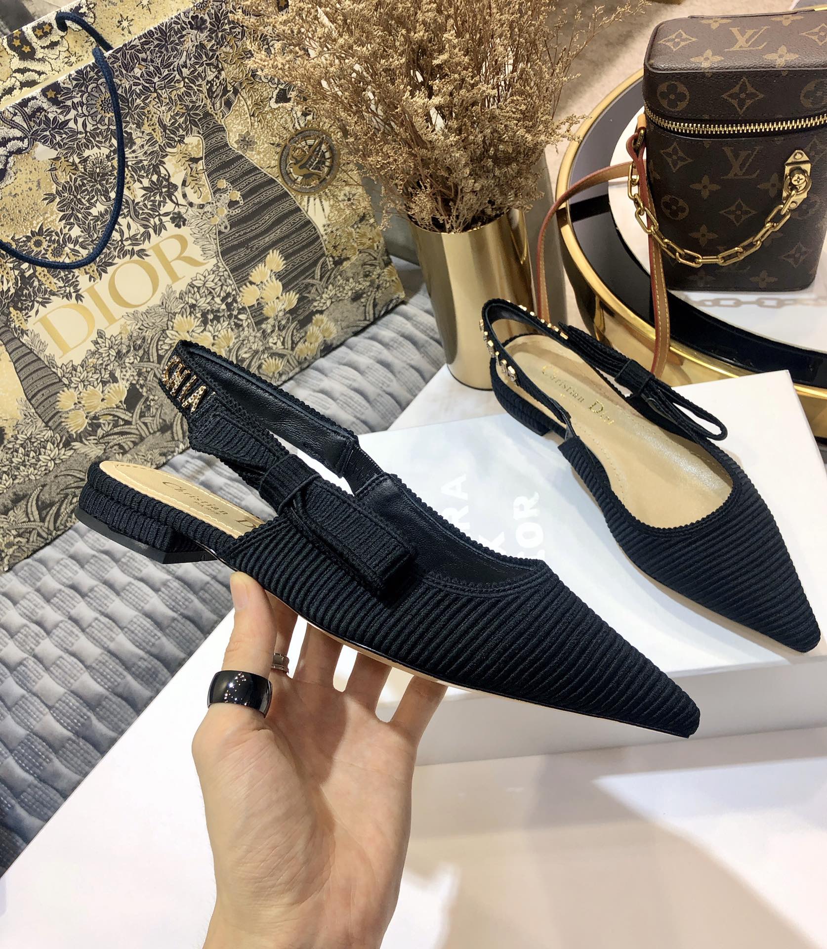 JAdior slingback flat all black embroidered cotton
