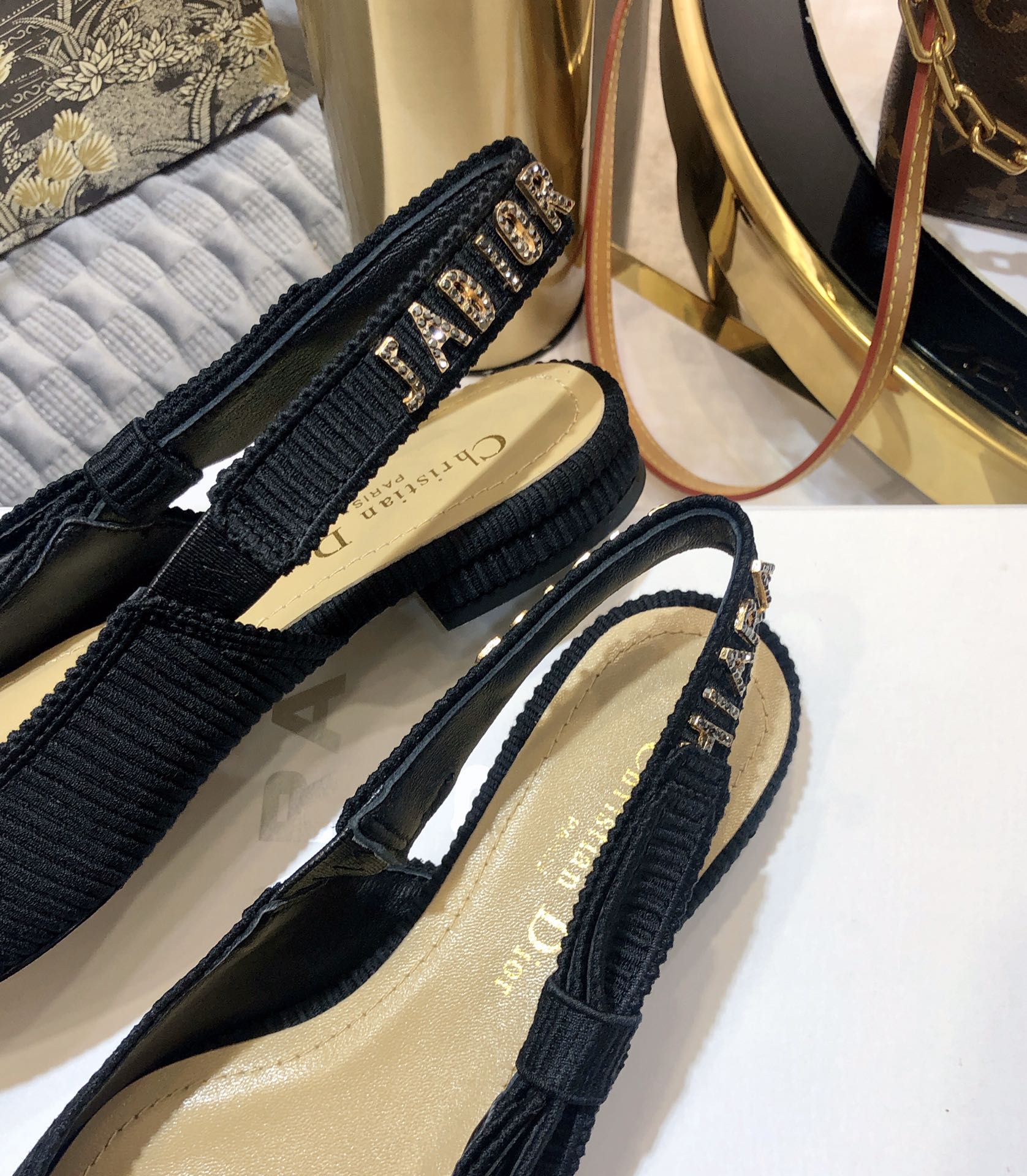 JAdior slingback flat all black embroidered cotton