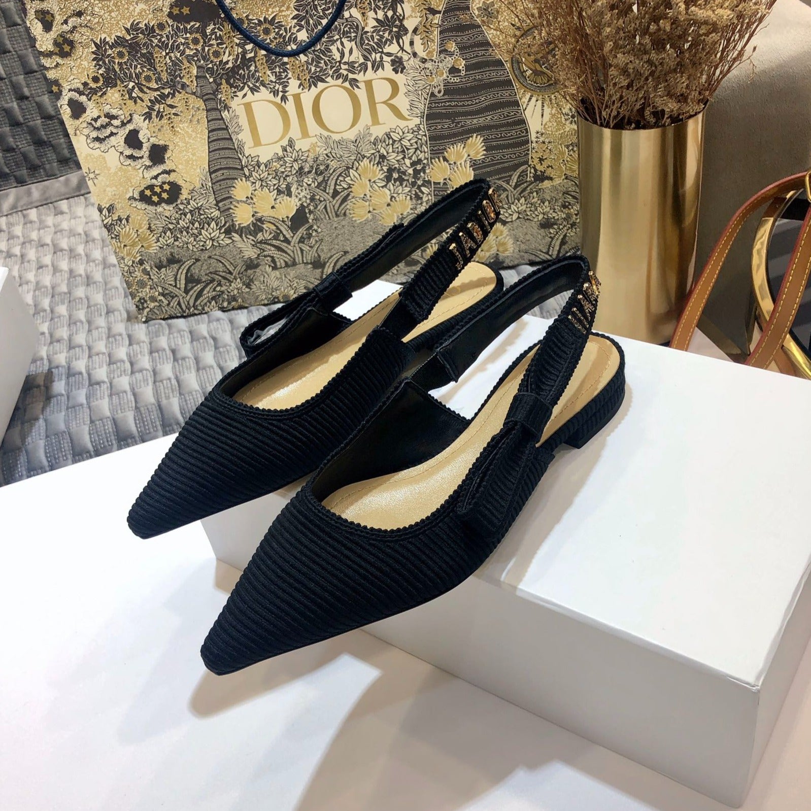 JAdior slingback flat all black embroidered cotton