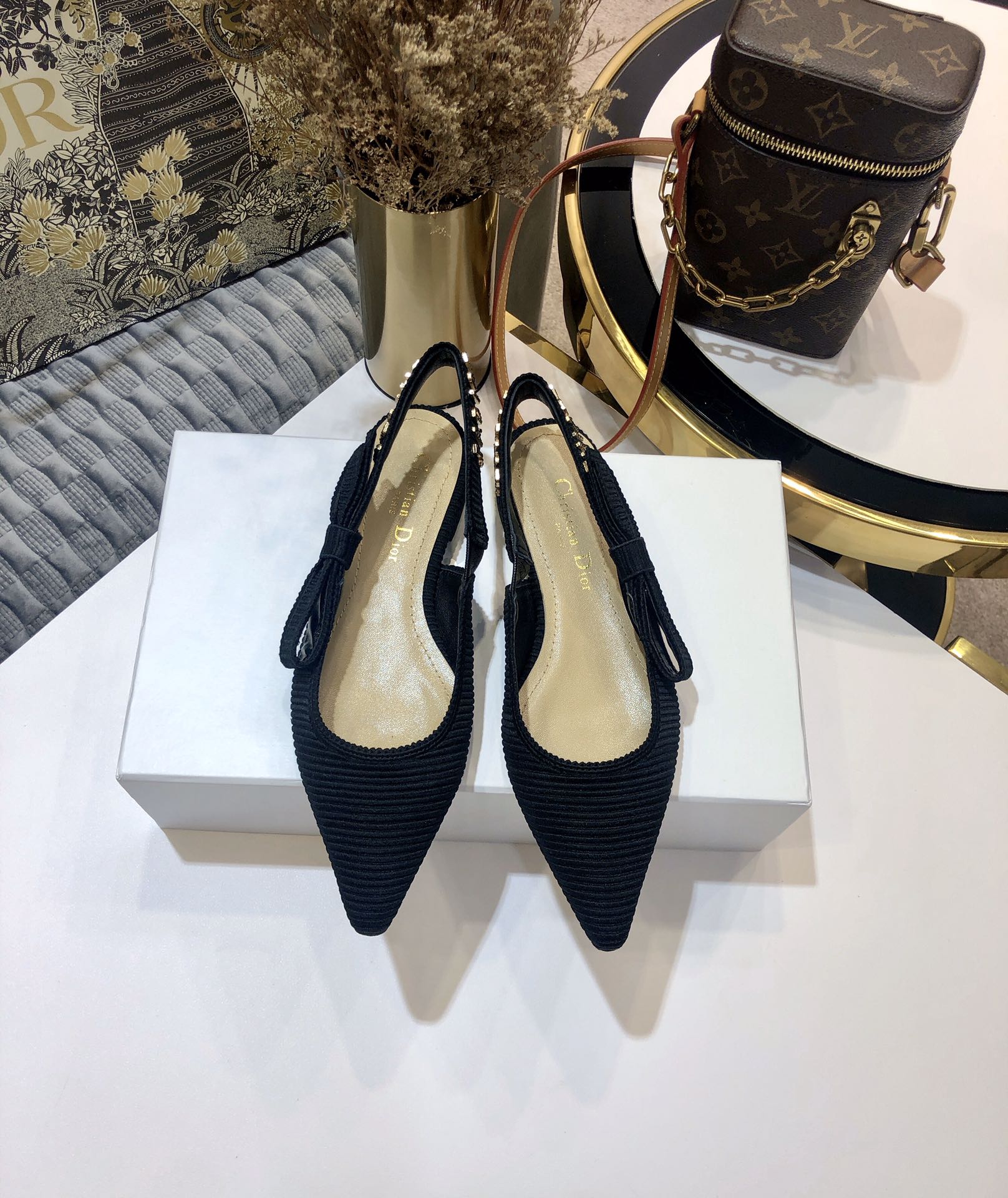 JAdior slingback flat all black embroidered cotton