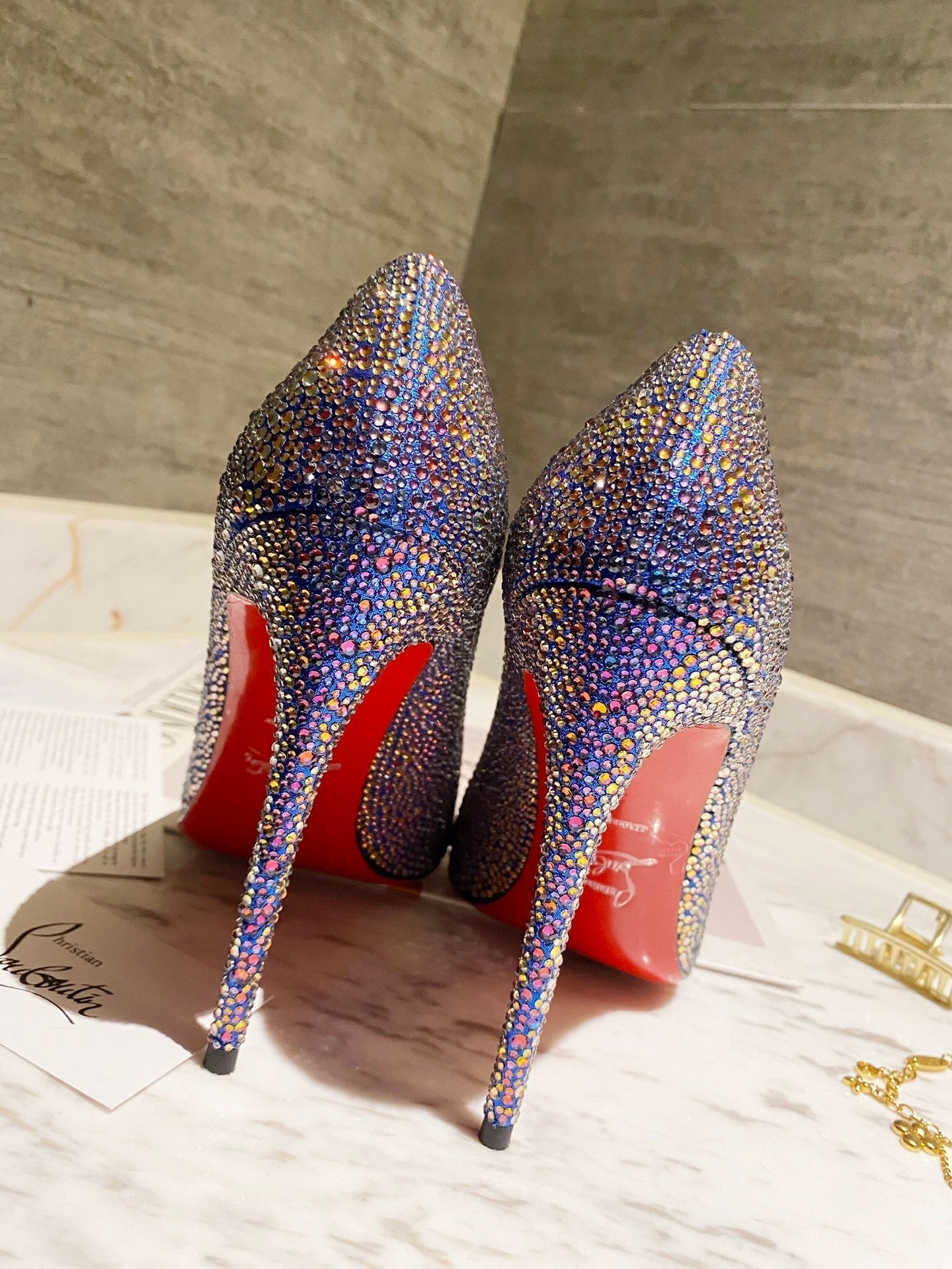 CL Kate Strass Degrade Pumps 100mm Suede Blue