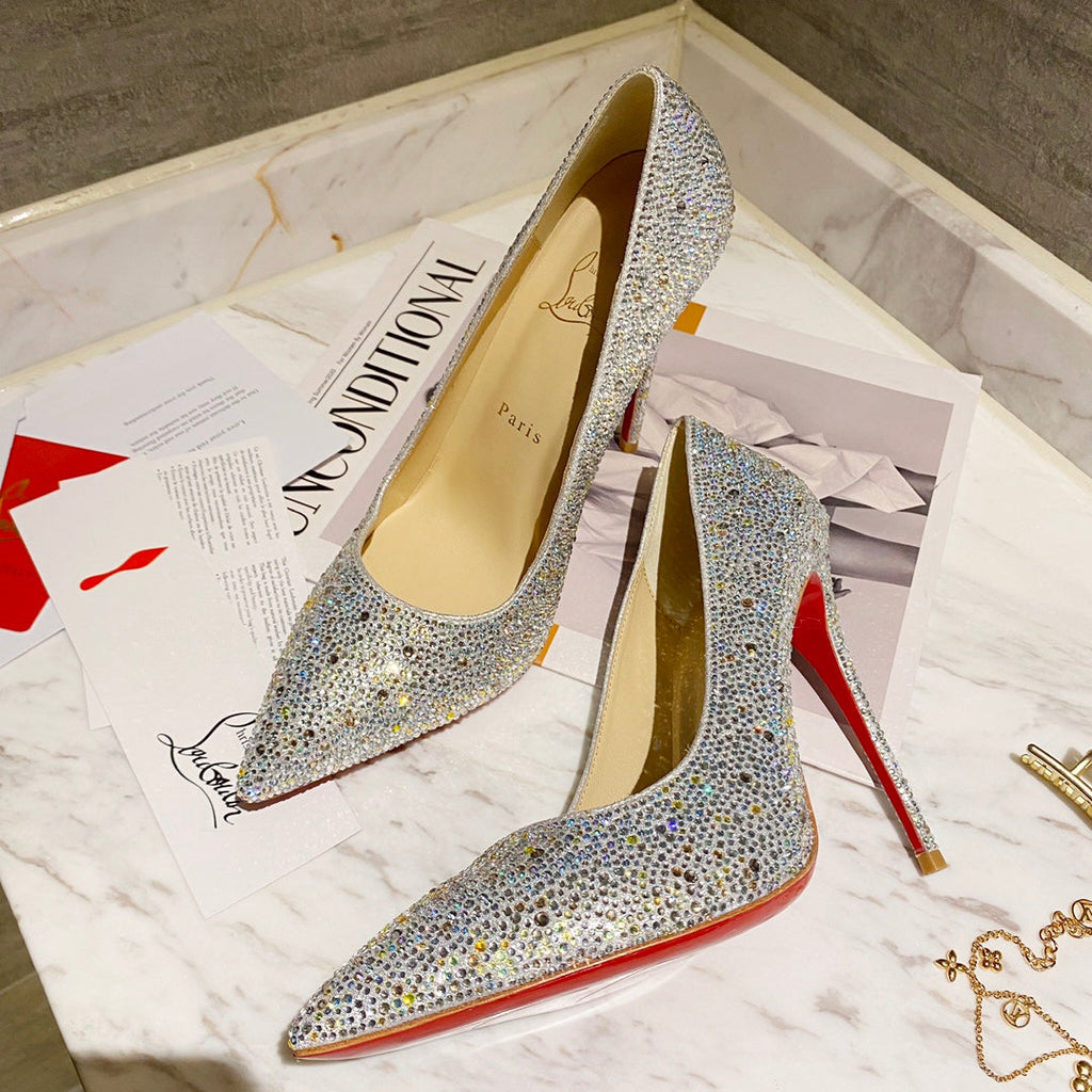 CL Kate Strass Degrade Pumps 100mm Suede Silver