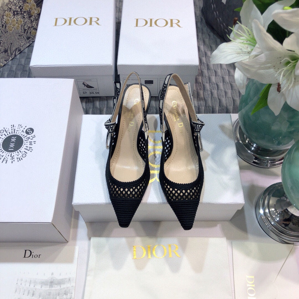 JAdior slingback pumps 65 transparent mesh black embroidered cotton