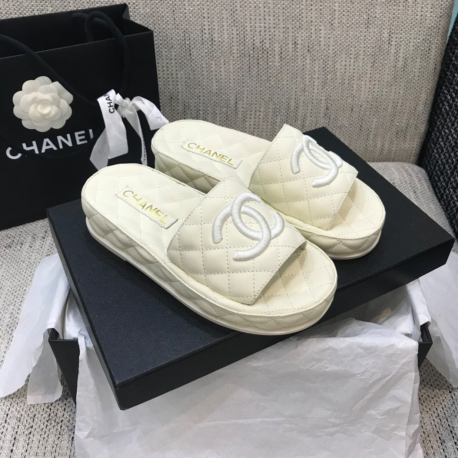 CC 2021 Logo Mules Ivory Quilted Lambskin 688659