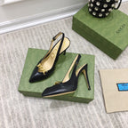 GG HIGH HEEL SLINGBACK BLACK CALFSKIN WITH CHAIN