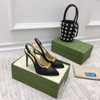 GG HIGH HEEL SLINGBACK BLACK CALFSKIN WITH CHAIN