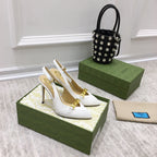 GG HIGH HEEL SLINGBACK WHITE CALFSKIN WITH CHAIN
