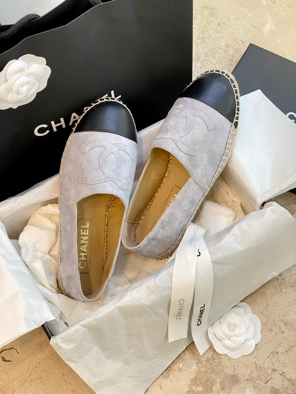espadrilles grey suede black lambskin