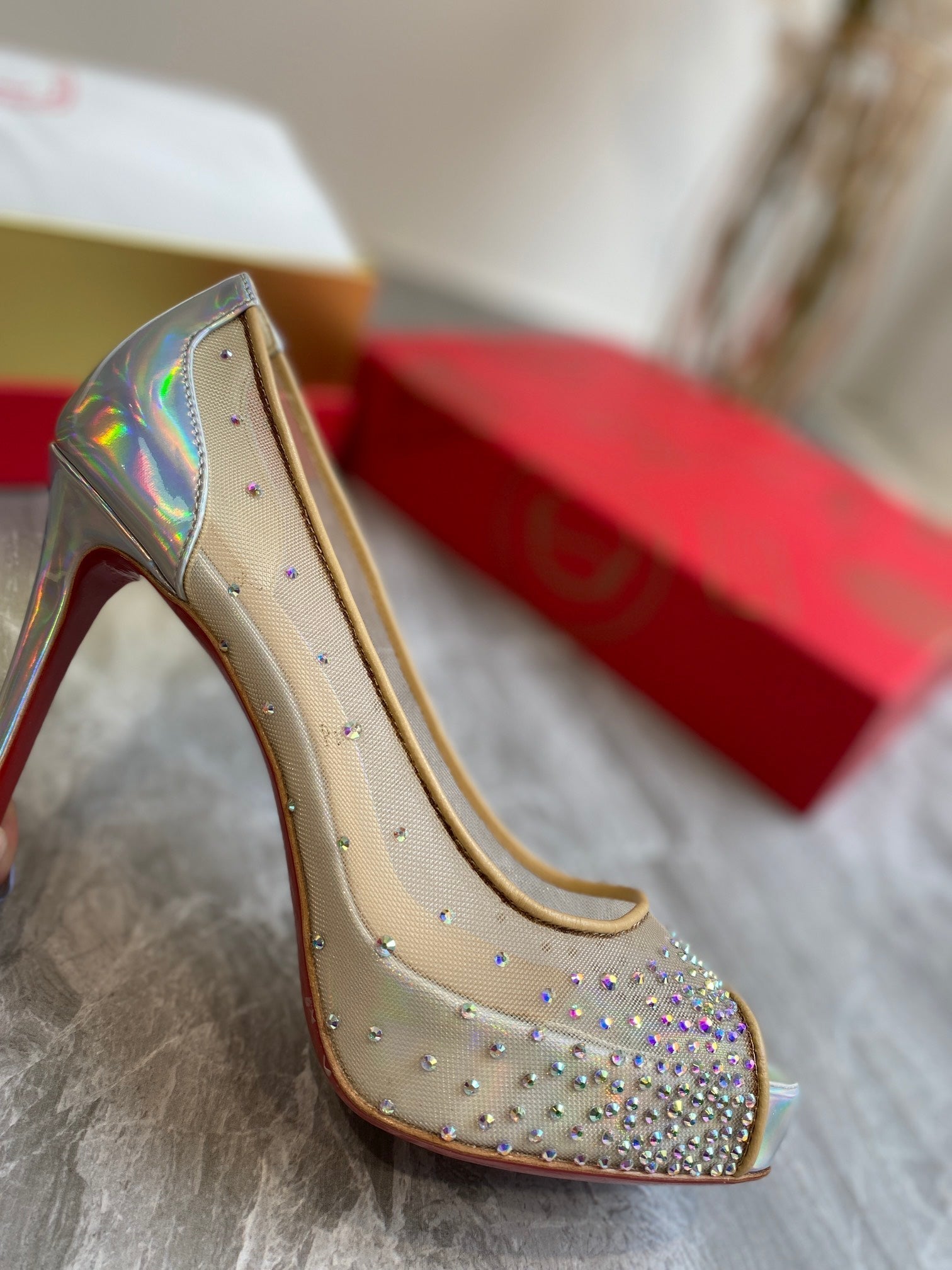 CL Very Strass Peep Toe Pumps 120mm Mesh and Leather Silver