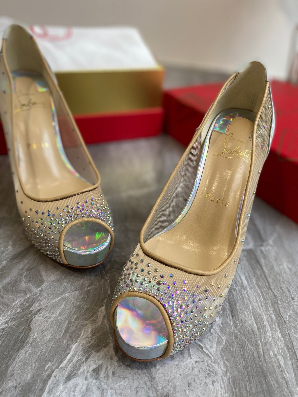 CL Very Strass Peep Toe Pumps 120mm Mesh and Leather Silver