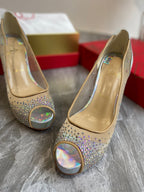CL Very Strass Peep Toe Pumps 120mm Mesh and Leather Silver
