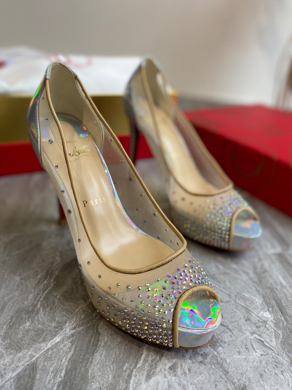 CL Very Strass Peep Toe Pumps 120mm Mesh and Leather Silver