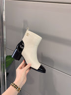 CC Block Heel Ankle Boots 60mm Black White Patent Leather Sheeepskin 464556
