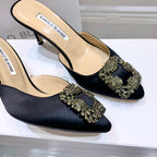 Manolo Buckle Mules 7cm Black Silk 208022