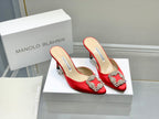 Manolo Buckle Mules 7cm Red Silk 208018
