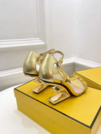 FENDI HIGH-HEELED 85 MM SANDALS IN GOLDEN LAMBSKIN WITH GOLD HARDWARE