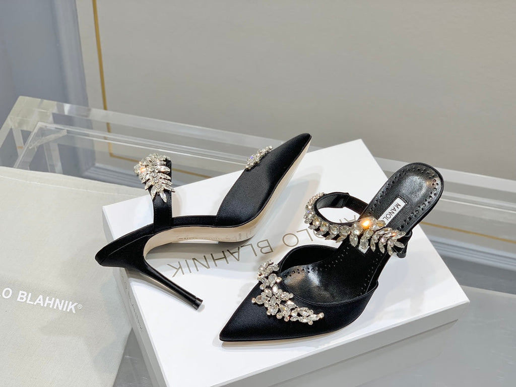 Manolo Flats Mules Crystal Black Silk Satin 327467