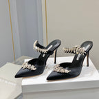 Manolo Mules Crystal Black Silk Satin 219377