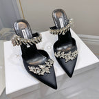 Manolo Mules Crystal Black Silk Satin 219377