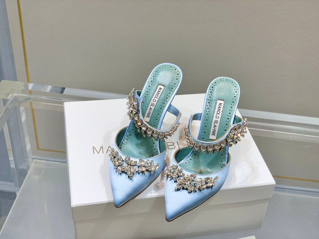 Manolo Mules Crystal Blue Silk Satin 219380