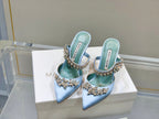 Manolo Mules Crystal Blue Silk Satin 219380