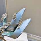 Manolo Mules Crystal Blue Silk Satin 219380