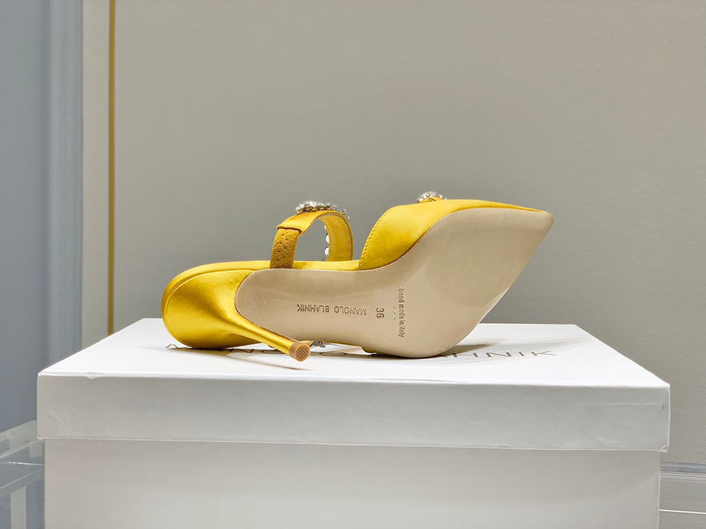 Manolo Mules Crystal Yellow Silk Satin 219384