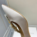 Manolo Wheat Ear Rhinestone High Heels Pumps Grey Silk Fabric 327447