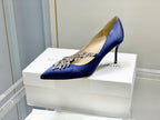 Manolo Wheat Ear Rhinestone High Heels Pumps Navy Blue Silk Fabric 327449