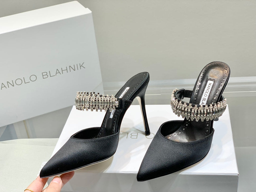 Manolo Mules Diamond Buckle Black Silk Satin 218812