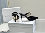 Manolo Mules Diamond Buckle Black Silk Satin 218812