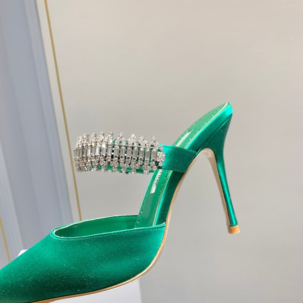 Manolo Mules Diamond Buckle Green Silk Satin 218813