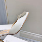 Manolo Buckle Mules 7cm White Silk 208019