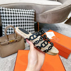 STRAW SOLE SLIPPERS BLACK LAMBSKIN