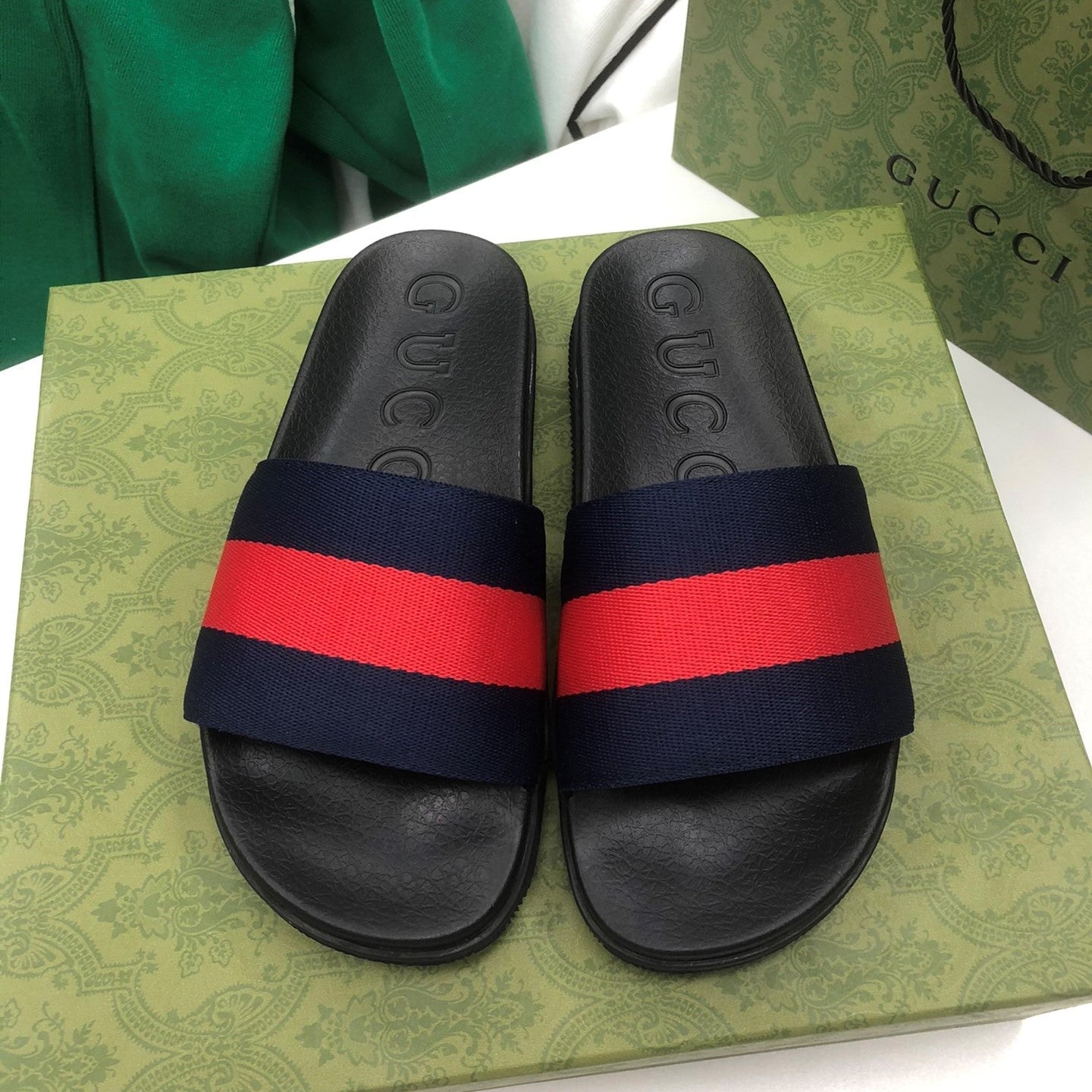 GG Web Slide Sandals Black Red Rubber Cotton 788218