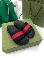 GG Web Slide Sandals Black Red Rubber Cotton 788218