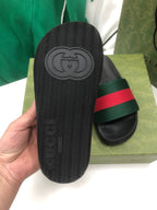 GG Web Slide Sandals Black Green Rubber Cotton 788219