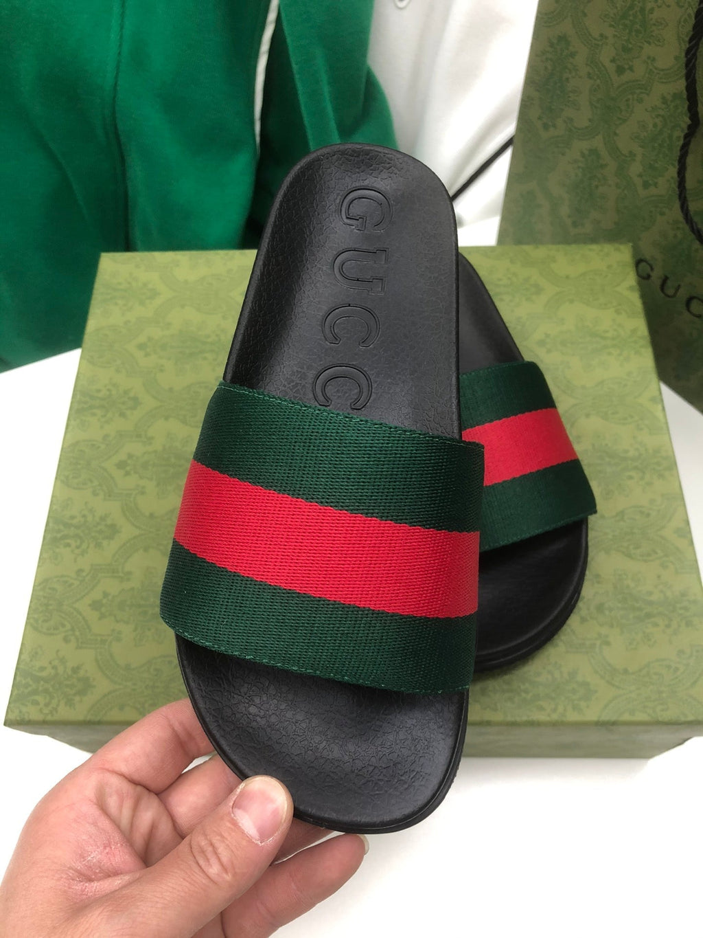 GG Web Slide Sandals Black Green Rubber Cotton 788219